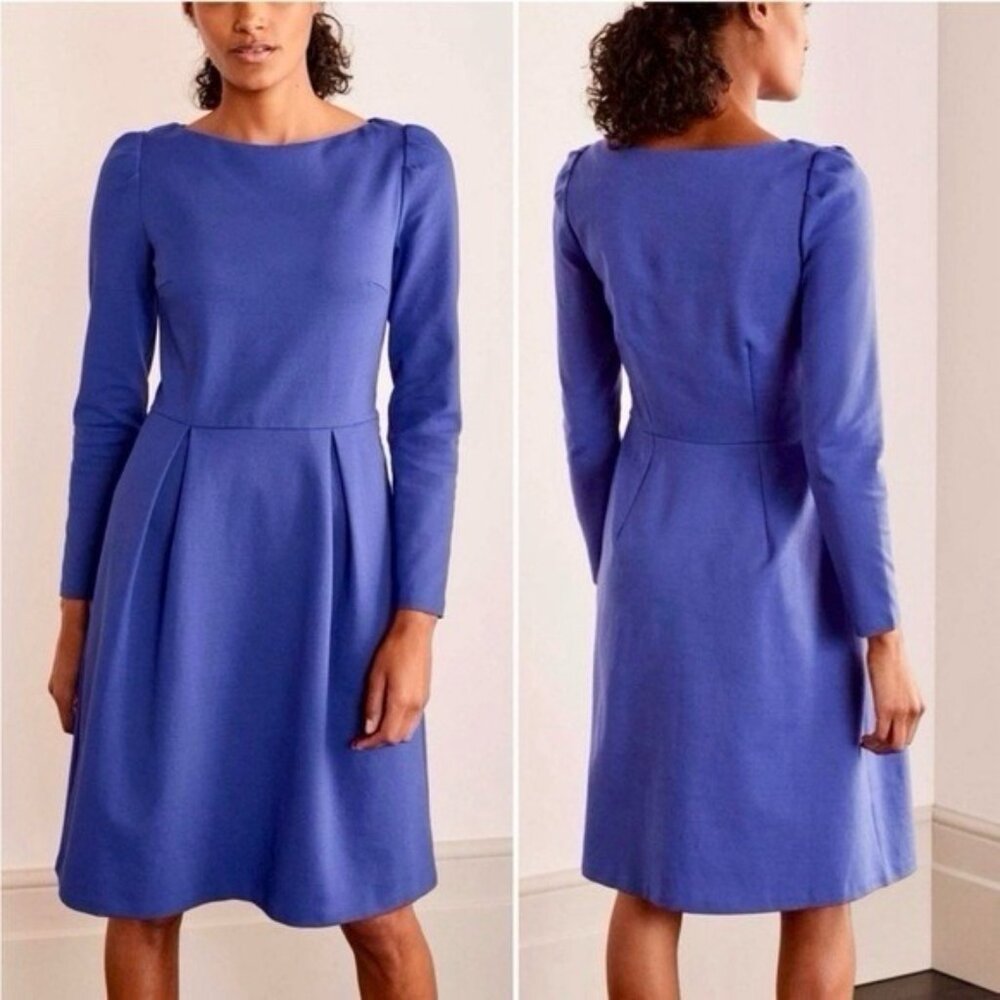 Boden Melanie Ponte Knit A-Line Pleated Long Sleeve‎ Dress 6R Greek Blue J0772